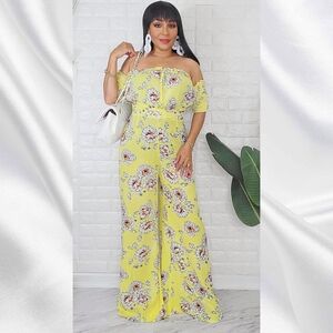 L'astiteYellow Spring Flowers Print High Waist Pants Set